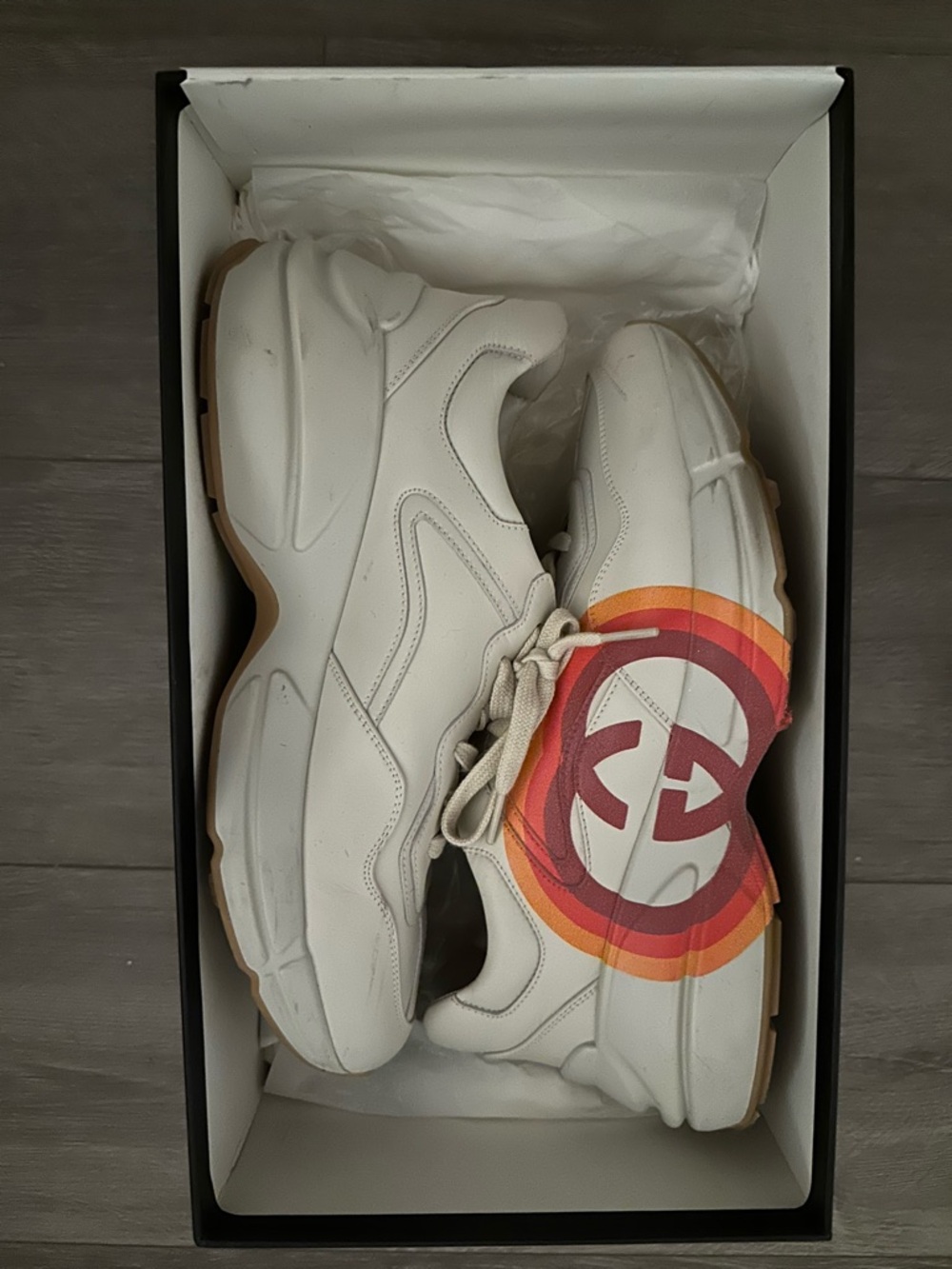 Gucci White Leather Sneakers with Red & Orange Accent Logo - Picture 1 of 6